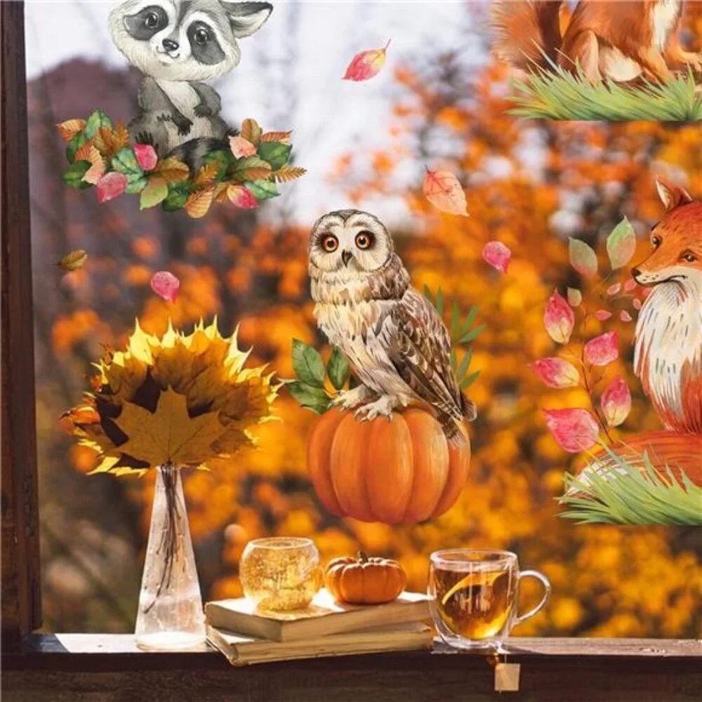 Fall Woodland Animals Window Clings -Fox, Owl, Raccoon, Pumpkin & Autumn Sticker